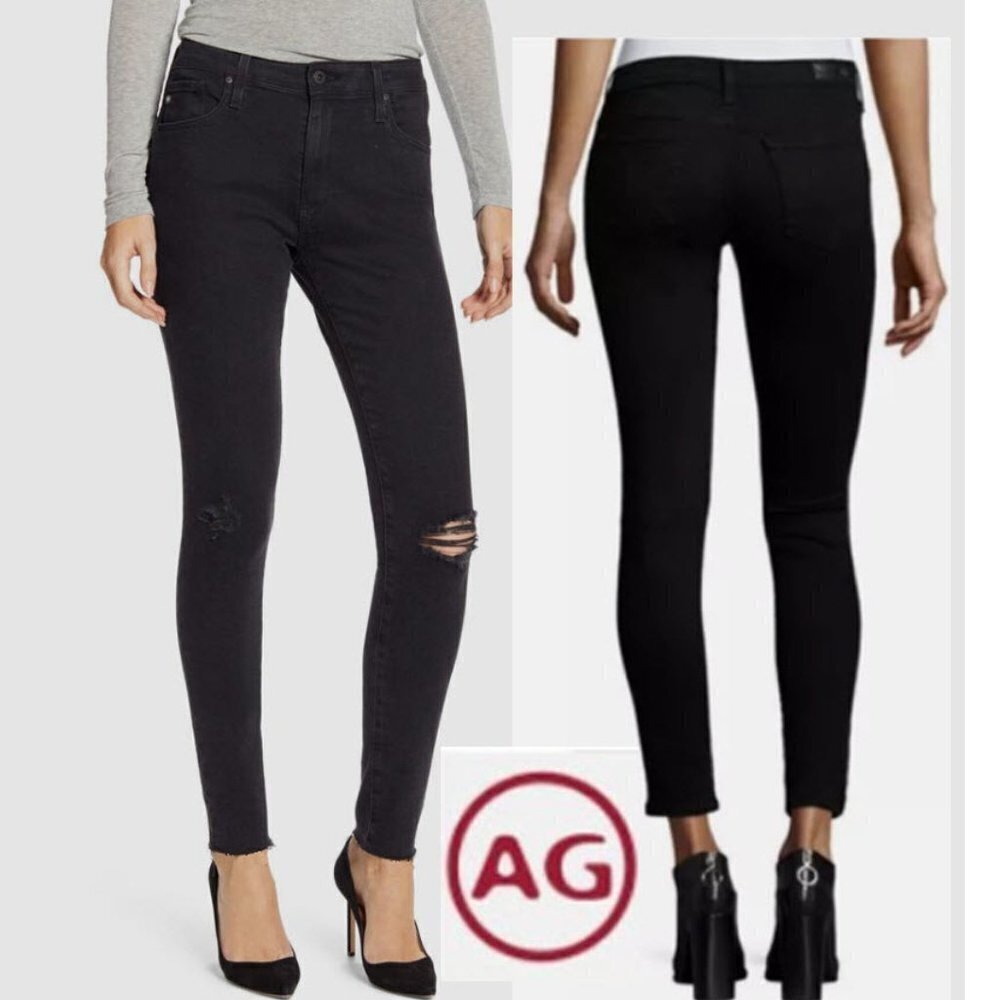 AG The Legging Skinny Black Stretch Jeans Distressed Knee 26R